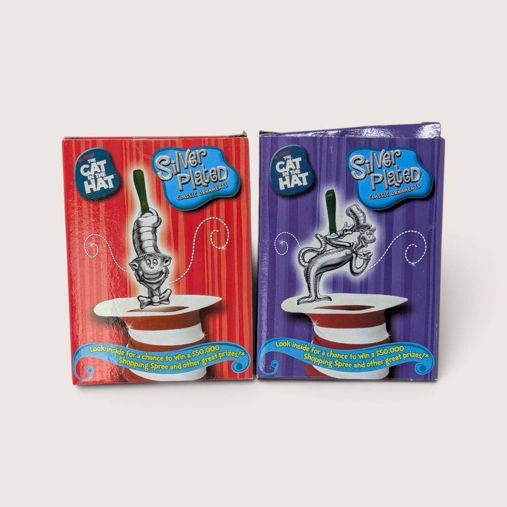 Vintage Cat in the Hat Silver Plated Ornament Pair Dr Seuss Christmas Decor